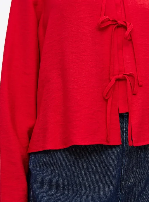 Red Tie Front V-Neck Blouse 16