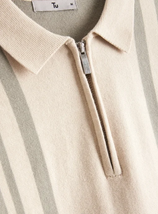 Sage Green Vertical Stripe Knitted Polo Jumper XL