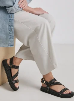 SIMPLY BE Asymetric Footbed Studded Sandal In Wide Fit Black 8