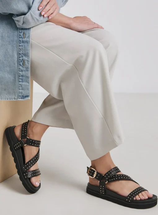 SIMPLY BE Asymetric Footbed Studded Sandal In Wide Fit Black 8