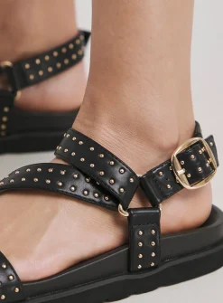 SIMPLY BE Asymetric Footbed Studded Sandal In Wide Fit Black 8