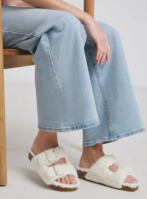 SIMPLY BE Fluffy Two Strap Buckle Footbed Slipper In WIde Fit Natural 8