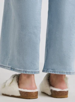 SIMPLY BE Fluffy Two Strap Buckle Footbed Slipper In WIde Fit Natural 8