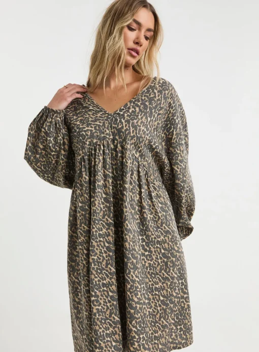 SIMPLY BE Linen Leopard Print Smock Dress 12