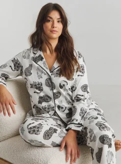 SIMPLY BE Pretty Secrets Cat Print Button Through Pyjamas 32-34
