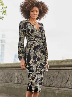 SOSANDAR Black & Gold Baroque Print Wrap Front Midi Dress 6
