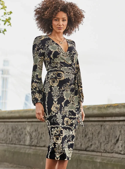 SOSANDAR Black & Gold Baroque Print Wrap Front Midi Dress 6