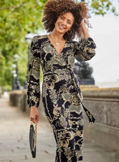 SOSANDAR Black & Gold Baroque Print Wrap Front Midi Dress 6
