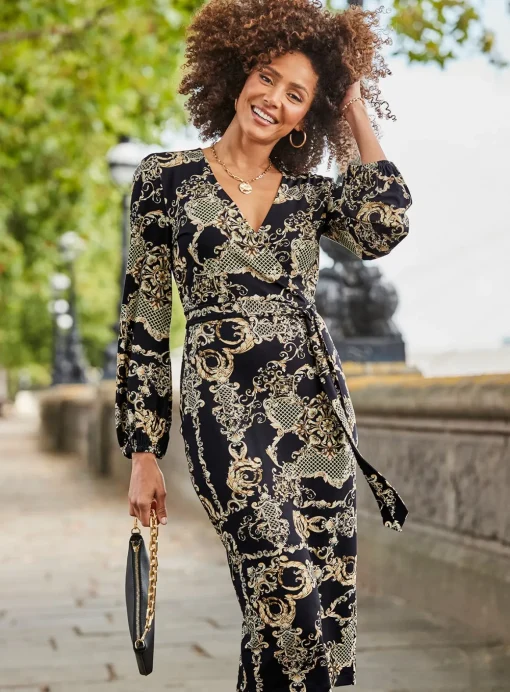 SOSANDAR Black & Gold Baroque Print Wrap Front Midi Dress 6