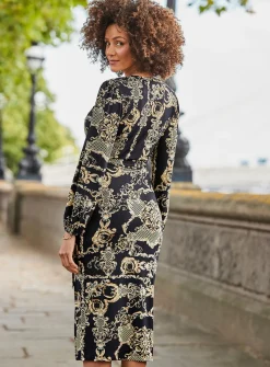 SOSANDAR Black & Gold Baroque Print Wrap Front Midi Dress 6