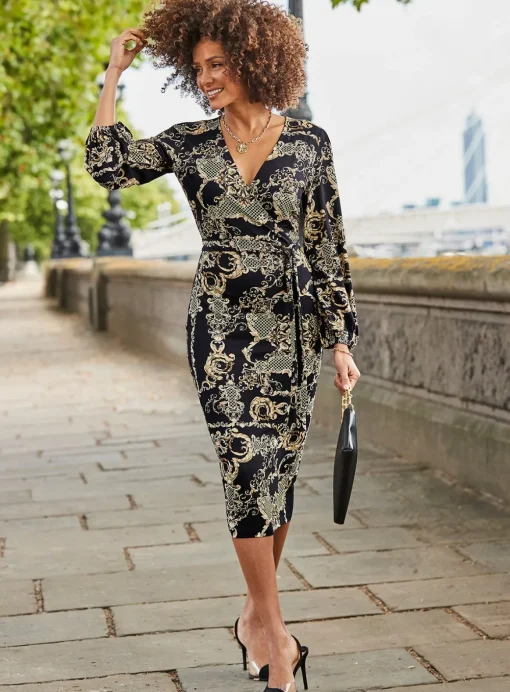 SOSANDAR Black & Gold Baroque Print Wrap Front Midi Dress 6