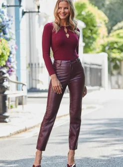 SOSANDAR Burgundy Croc Faux Leather Straight Leg Trouser 6