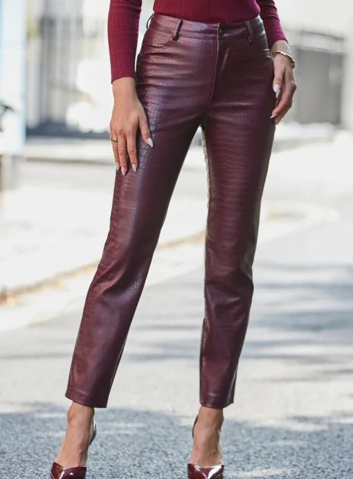 SOSANDAR Burgundy Croc Faux Leather Straight Leg Trouser 6