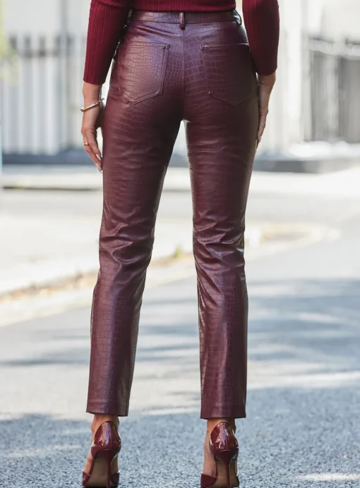 SOSANDAR Burgundy Croc Faux Leather Straight Leg Trouser 6