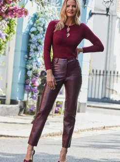 SOSANDAR Burgundy Croc Faux Leather Straight Leg Trouser 6