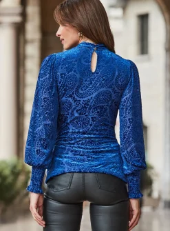 SOSANDAR Dark Blue Paisley Print Velvet Keyhole Detail Blouse 6