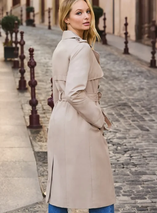 SOSANDAR Ecru Classic Longline Double Breasted Trench Coat 16