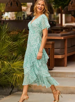 SOSANDAR Green Abstract Print Layered Hem Angel Sleeve Maxi Dress 6