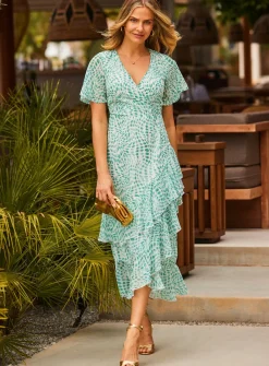 SOSANDAR Green Abstract Print Layered Hem Angel Sleeve Maxi Dress 6