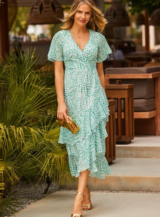 SOSANDAR Green Abstract Print Layered Hem Angel Sleeve Maxi Dress 6