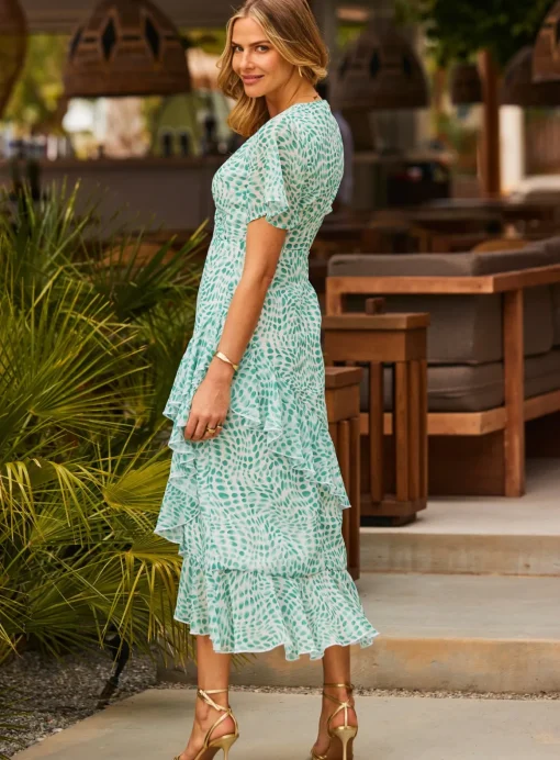 SOSANDAR Green Abstract Print Layered Hem Angel Sleeve Maxi Dress 6