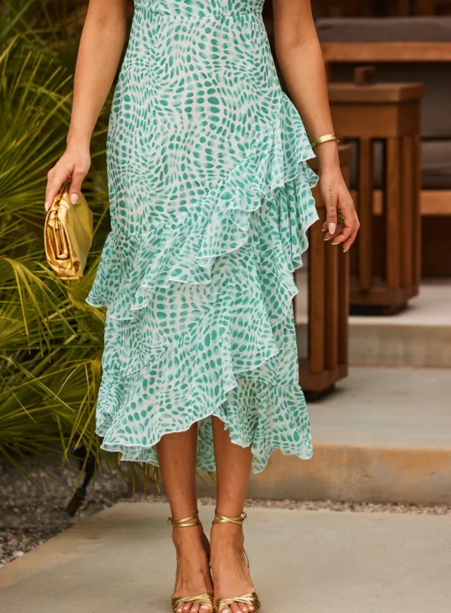 SOSANDAR Green Abstract Print Layered Hem Angel Sleeve Maxi Dress 6