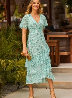 SOSANDAR Green Abstract Print Layered Hem Angel Sleeve Maxi Dress 6