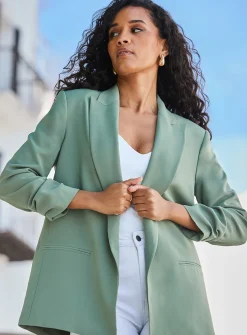 SOSANDAR Light Khaki Green Longline Relaxed Blazer 6