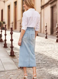 SOSANDAR Light Wash Contour Waist Denim Midi Skirt 10