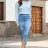 SOSANDAR Mid Blue Button Through Denim Midi Skirt 14