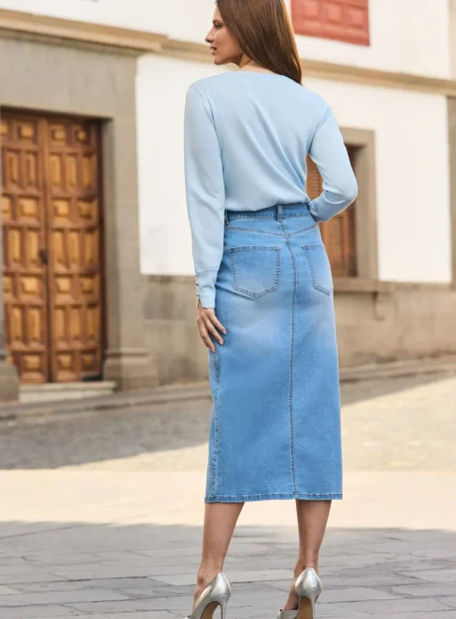 SOSANDAR Mid Blue Button Through Denim Midi Skirt 14