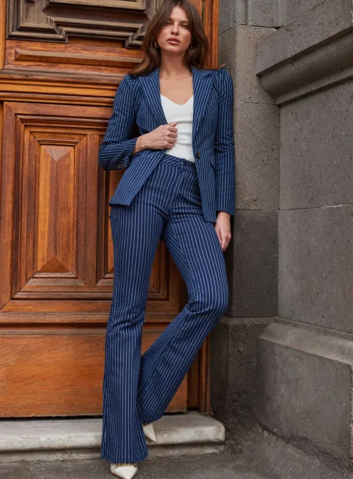 SOSANDAR Navy Blue Pinstripe Kickflare Jean 18