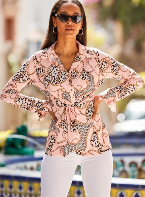 SOSANDAR Pink 'WOW' Print Twist Front Jersey Shirt 10