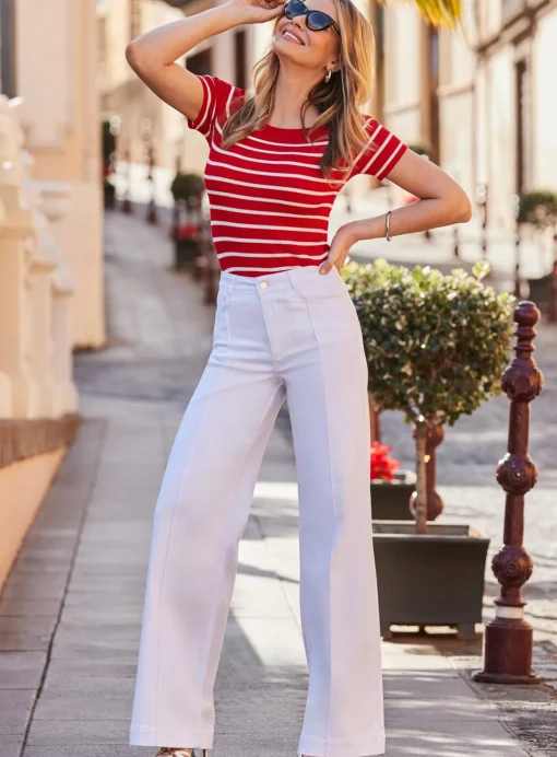 SOSANDAR Red & White Striped Boat Neck Top M