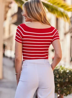 SOSANDAR Red & White Striped Boat Neck Top M