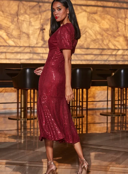 SOSANDAR Red Sequin Fit & Flare Puff Sleeve Midi Dress 6