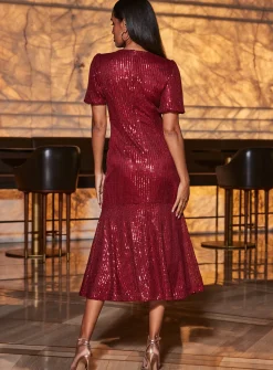 SOSANDAR Red Sequin Fit & Flare Puff Sleeve Midi Dress 6