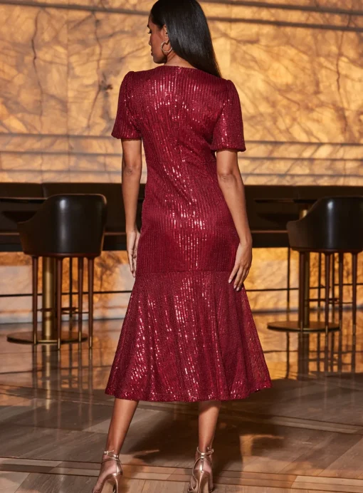 SOSANDAR Red Sequin Fit & Flare Puff Sleeve Midi Dress 6