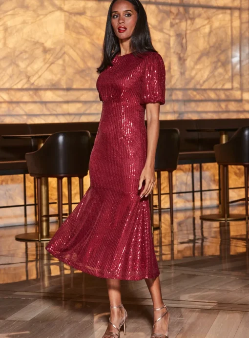SOSANDAR Red Sequin Fit & Flare Puff Sleeve Midi Dress 6