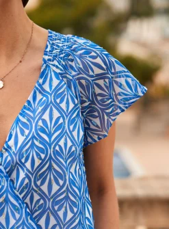SOSANDAR Sky Blue Metallic Geometric Print Shirred Hem Wrap Top 8