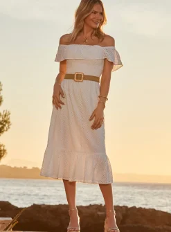 SOSANDAR White Broderie Detail Belted Bardot Dress 12