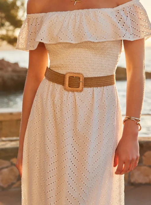 SOSANDAR White Broderie Detail Belted Bardot Dress 12