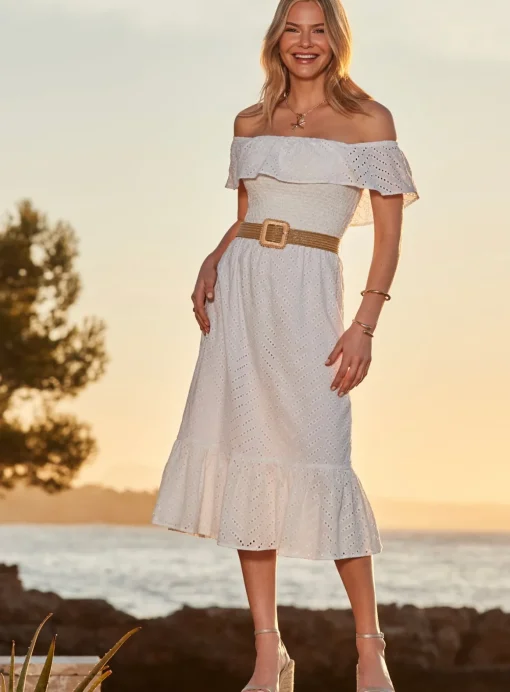 SOSANDAR White Broderie Detail Belted Bardot Dress 12