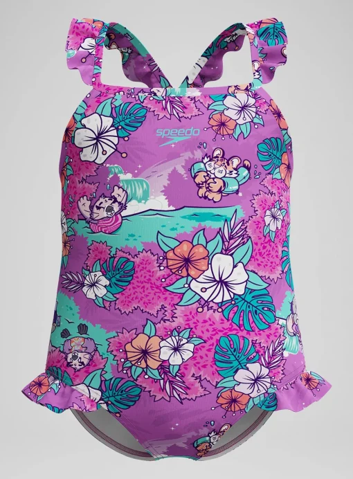 SPEEDO Girls Learn To Swim Printed Frill Thinstrap Swimsuit 6 years