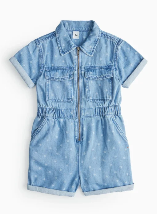 Star Print Short Sleeve Denim Playsuit 8 years