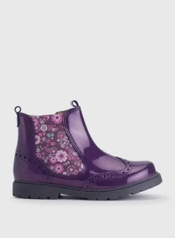 START-RITE Chelsea Brogue Blackcurrant/Floral Glitter Patent Leather Zip Up Boots 1.5