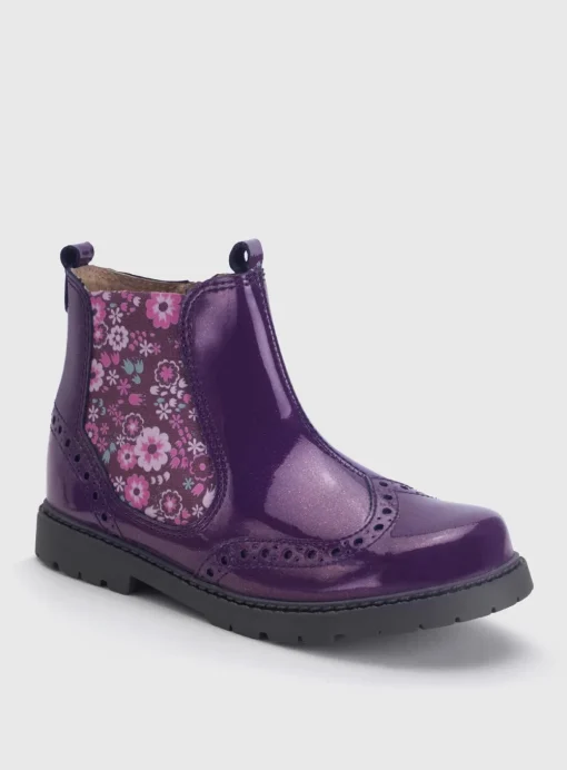 START-RITE Chelsea Brogue Blackcurrant/Floral Glitter Patent Leather Zip Up Boots 1.5