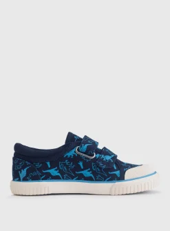 START-RITE Raptor Navy Dinosaur Print Double Strap Canvas Shoes 12.5 Infant