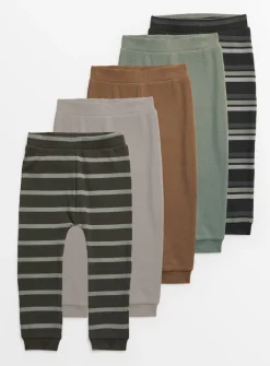 Stripe & Plain Green Leggings 5 Pack 1-1.5 years