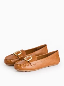 Tan Buckle Faux Leather Driving Loafers 6